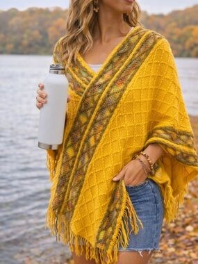 Yellow Boho Knit Poncho Lightweight Spring Layer Beach Wrap